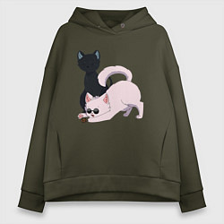 Толстовка оверсайз женская Магическая битва Сатору Годзё Сугуру Гэто коты, цвет: хаки