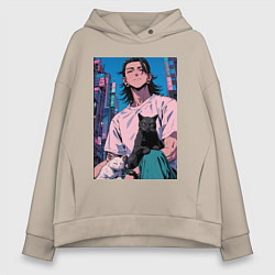 Толстовка оверсайз женская Магическая битва Сугуру Гэто с котами, цвет: миндальный