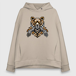 Толстовка оверсайз женская Медведь с пистолетом, цвет: миндальный