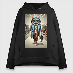 Толстовка оверсайз женская Модный кот в очках на дефиле животных, цвет: черный