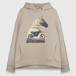 Толстовка оверсайз женская Мотокросс и Лошади, Силуэт Лошади, цвет: миндальный