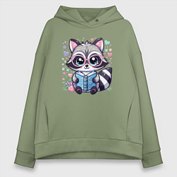 Толстовка оверсайз женская Енот читающий книгу, цвет: авокадо