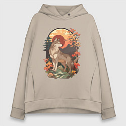 Толстовка оверсайз женская Волк в лесу в японском стиле, цвет: миндальный