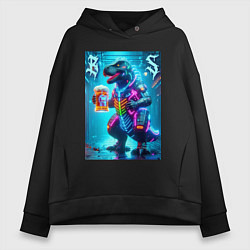 Толстовка оверсайз женская Неоновый кибер пивозавр - нейроарт, цвет: черный