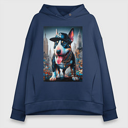 Толстовка оверсайз женская Funny bull terrier in New York - ai art, цвет: тёмно-синий