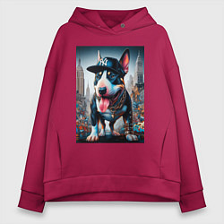 Толстовка оверсайз женская Funny bull terrier in New York - ai art, цвет: маджента