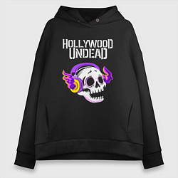 Толстовка оверсайз женская Hollywood Undead - неоновый череп, цвет: черный