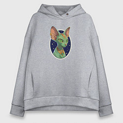 Толстовка оверсайз женская Кот сфинкс на фоне звёздного неба, цвет: меланж