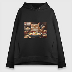 Толстовка оверсайз женская Кот обожает рамен, цвет: черный