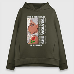 Толстовка оверсайз женская Девушка из аниме с розой, цвет: хаки