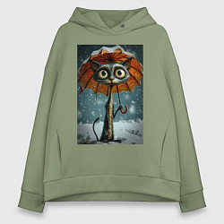 Толстовка оверсайз женская Уличный кот под мокром снегом, цвет: авокадо