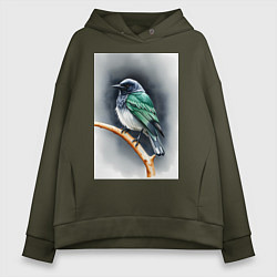 Толстовка оверсайз женская Птичка на ветке, цвет: хаки