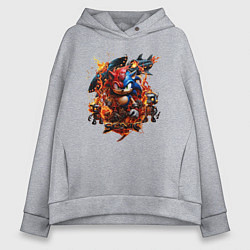 Толстовка оверсайз женская Соник и Наклз на фоне огненных роботов, цвет: меланж