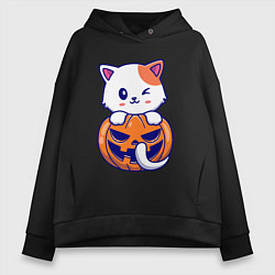 Толстовка оверсайз женская Halloween meow, цвет: черный