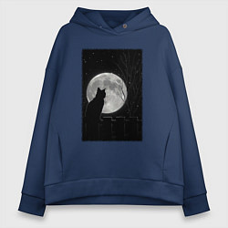 Толстовка оверсайз женская Кот при луне, цвет: тёмно-синий
