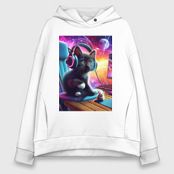 Толстовка оверсайз женская Котёнок в наушниках и мышка, цвет: белый