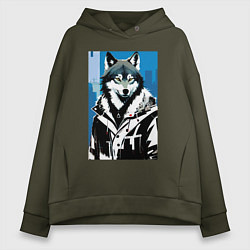 Толстовка оверсайз женская Волк в мегаполисе - нейроарт, цвет: хаки