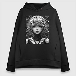 Толстовка оверсайз женская Аниме портрет девушки в черно-белом цвете, цвет: черный