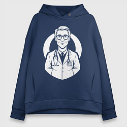 Толстовка оверсайз женская Врач с улыбкой и стетоскопом, цвет: тёмно-синий
