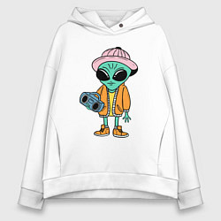 Толстовка оверсайз женская Инопланетянин с магнитофоном, цвет: белый