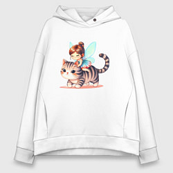 Толстовка оверсайз женская Фея верхом на кошке, цвет: белый