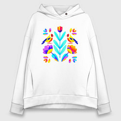 Толстовка оверсайз женская Неоновые цветы и птицы, цвет: белый