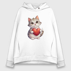 Толстовка оверсайз женская Серый кот держит сердце в лапах, цвет: белый