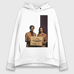 Толстовка оверсайз женская Мужчина и женщина с чертежом НЛО ретро поп-арт 197, цвет: белый