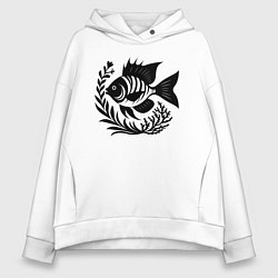 Толстовка оверсайз женская Рыба в морских зарослях, цвет: белый