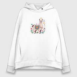 Толстовка оверсайз женская Лама с сердечками и цветами, цвет: белый