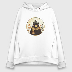 Толстовка оверсайз женская Мишка в шарфе и шапке, цвет: белый