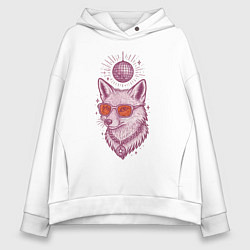 Толстовка оверсайз женская Лиса в очках с диско-шаром, цвет: белый