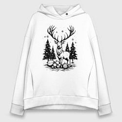 Толстовка оверсайз женская Олень в новогоднем лесу, цвет: белый
