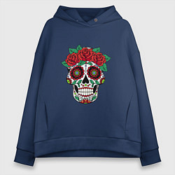Толстовка оверсайз женская Расписной женский череп, цвет: тёмно-синий