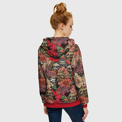 Женская толстовка на молнии Ленивец & Цветочки / 3D-Красный – фото 4
