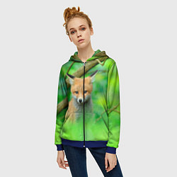 Толстовка на молнии женская Лисенок в зеленом лесу, цвет: 3D-синий — фото 2