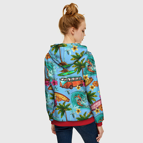 Женская толстовка на молнии Пальмы, волны, серфинг / 3D-Красный – фото 4