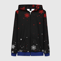 Толстовка на молнии женская КРАСНО БЕЛЫЕ СНЕЖИНКИ НА ЧЁРНОМ ФОНЕ, цвет: 3D-синий