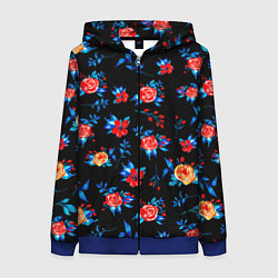 Женская толстовка на молнии Яркие розы на черном фоне