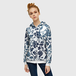 Толстовка на молнии женская Гжелевые цветы, цвет: 3D-белый — фото 2