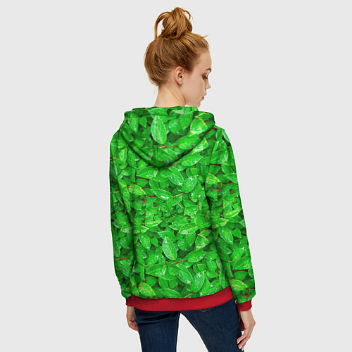 Женская толстовка на молнии Зелёные листья - текстура / 3D-Красный – фото 4