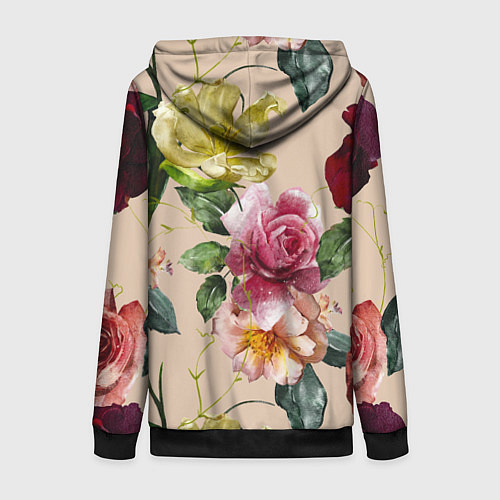 Женская толстовка на молнии Цветы Нарисованные Красные Розы и Лилии / 3D-Черный – фото 2