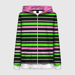 Толстовка на молнии женская Полосаты узор в зелено-розовых оттенках на черном, цвет: 3D-белый