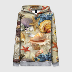 Толстовка на молнии женская Морские раковины, кораллы, морские звёзды на песке, цвет: 3D-меланж