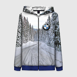 Толстовка на молнии женская BMW - зимняя дорога через лес, цвет: 3D-синий
