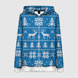 Толстовка на молнии женская Рождественский синий свитер с оленями, цвет: 3D-белый