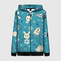 Толстовка на молнии женская Зайцы-космонавты, цвет: 3D-черный