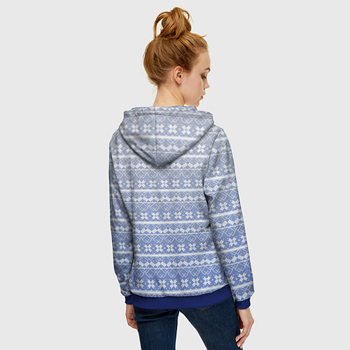 Женская толстовка на молнии Белый скандинавский орнамент на серо-голубом фоне / 3D-Синий – фото 4