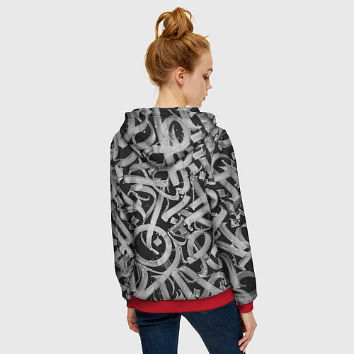 Женская толстовка на молнии Черно-белая каллиграфия / 3D-Красный – фото 4