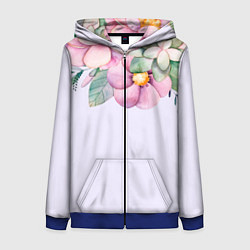 Толстовка на молнии женская Пастельные цветы акварелью - наверху, цвет: 3D-синий